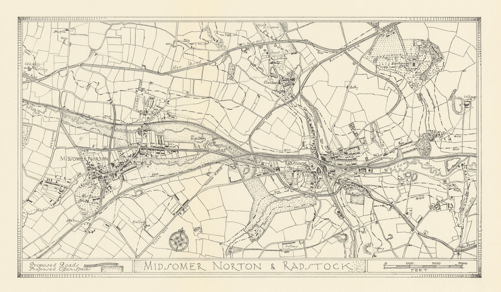 Midsomer Norton & Radstock town plan by Patrick Abercrombie. Somerset 1930 map